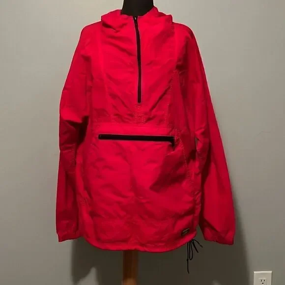 Vintage L.L. Bean Men's Red Anorak Retro Hooded Half Zip Windbreaker Medium - Picture 1 of 8